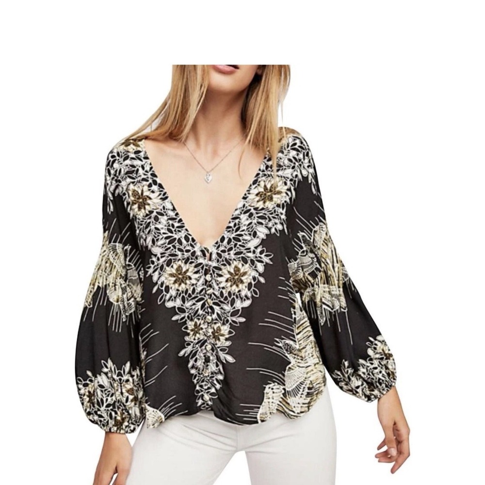 Free People Size Small Birds of a Feather Floral Blouse Black Yellow Boho